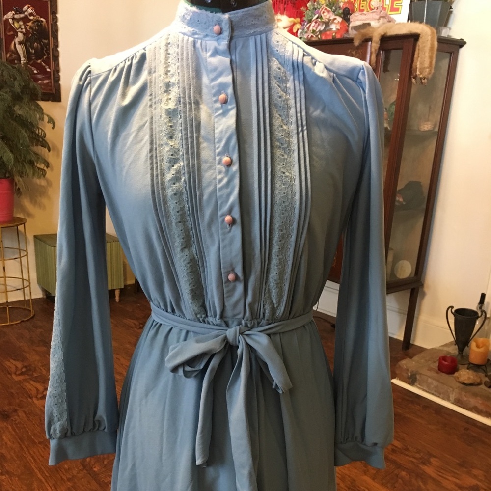 1970’s Baby Blue, Polyester, Long Sleeved Dress